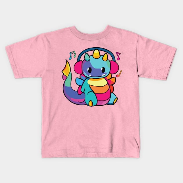 Happy dragon or dinosaur with headphones Kids T-Shirt by SPJE Illustration Photography